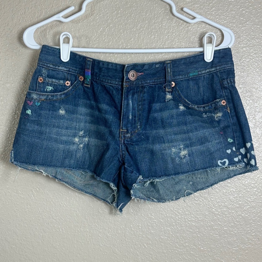 American Eagle‎ Outfitters Distressed Denim Shorty Shorts Hearts Embellishment 8